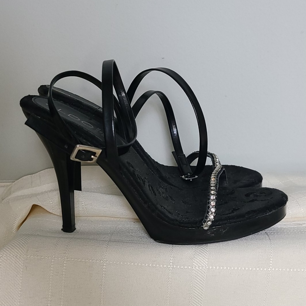 Italian leather and rhinestone ankle-wrap heels